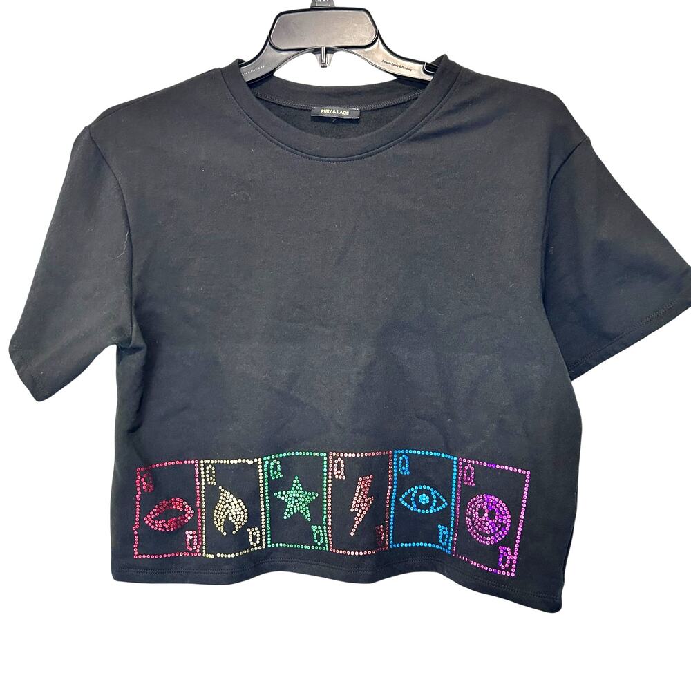 Ruby & Lace Top Cropped Jersey NWT Casual Boho Black Sequins Smiley Lips